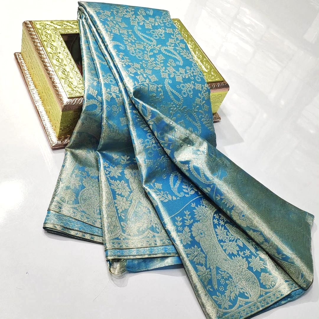 Turquoise Kanchipuram Handloom Meenakari Tissue Brocade Silk Saree